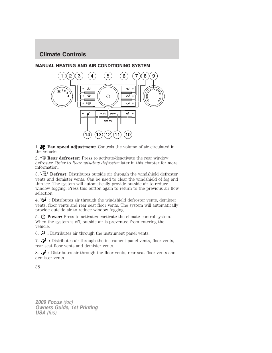 Climate controls, Manual heating and air conditioning system, Manual heating and air conditioning | FORD 2009 Focus v.1 User Manual | Page 38 / 276