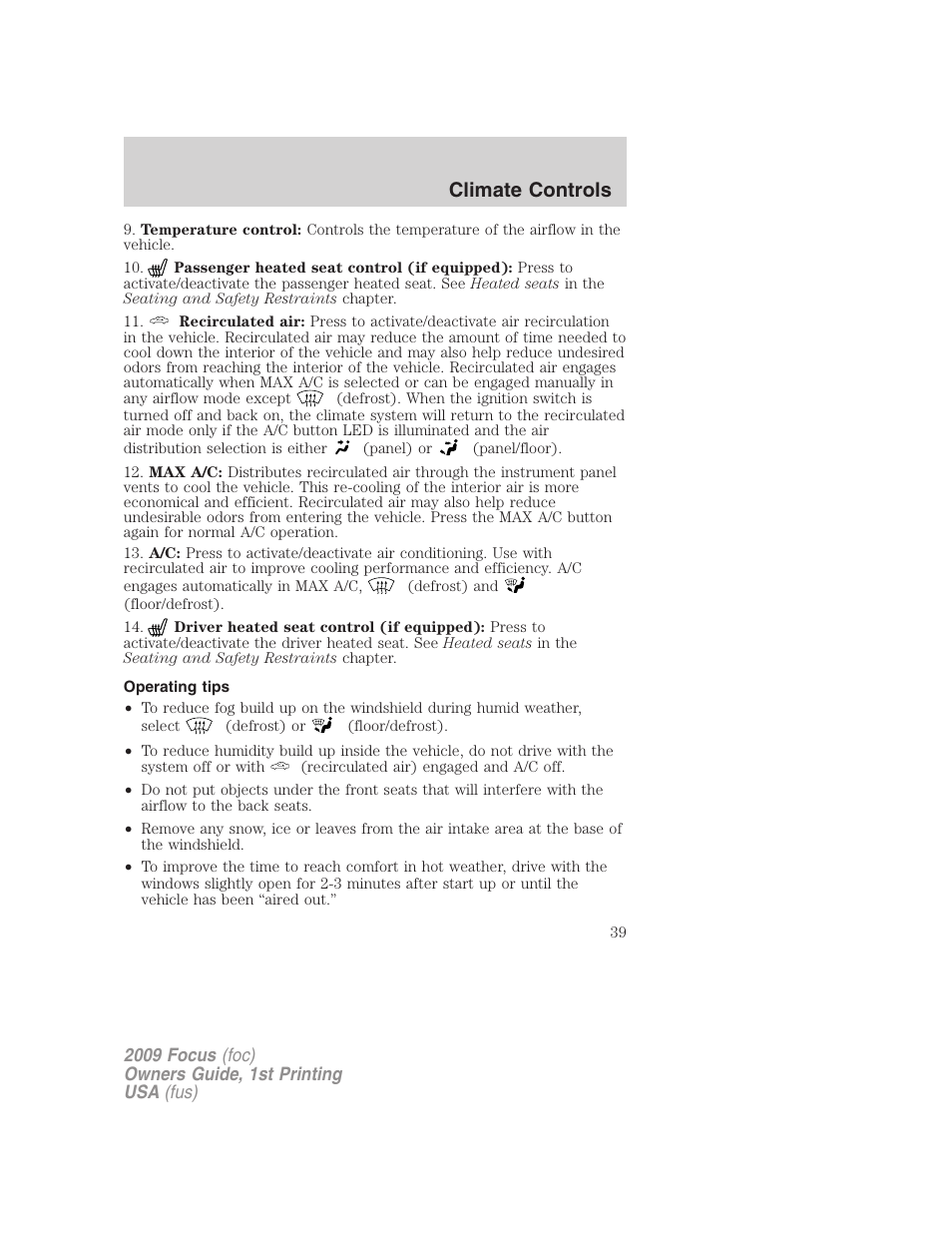 Operating tips, Climate controls | FORD 2009 Focus v.1 User Manual | Page 39 / 276