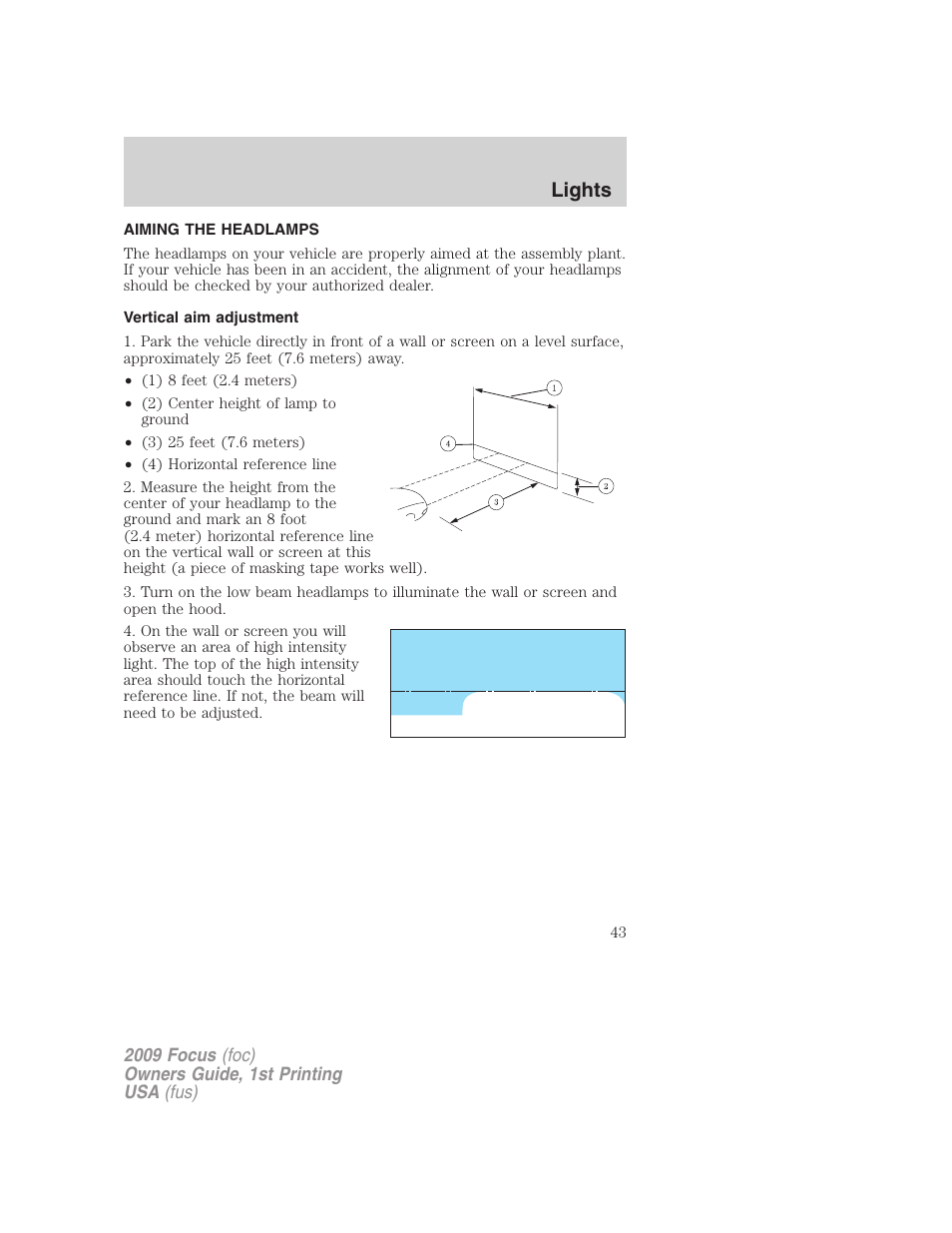 Aiming the headlamps, Vertical aim adjustment, Lights | FORD 2009 Focus v.1 User Manual | Page 43 / 276