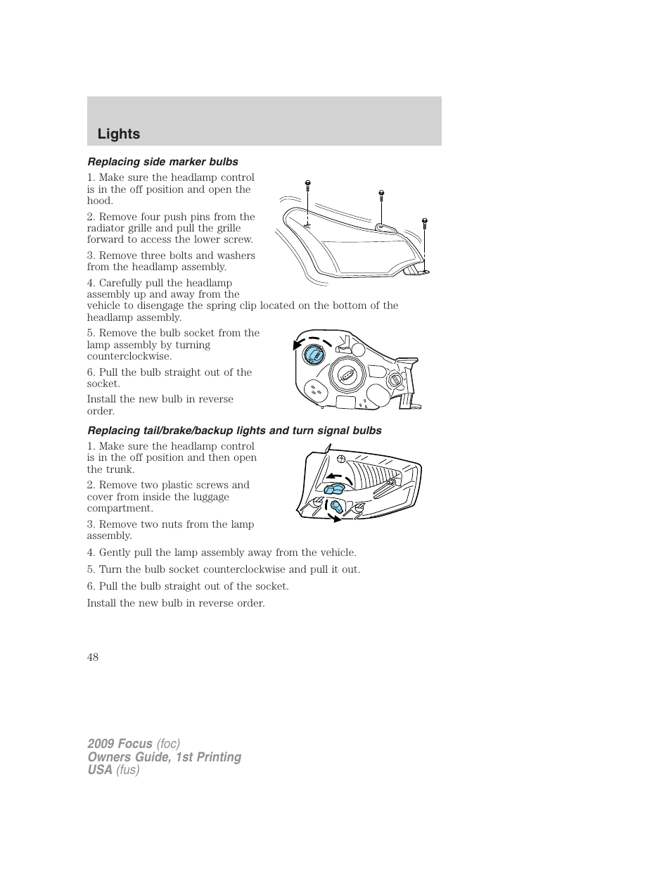 Replacing side marker bulbs, Lights | FORD 2009 Focus v.1 User Manual | Page 48 / 276