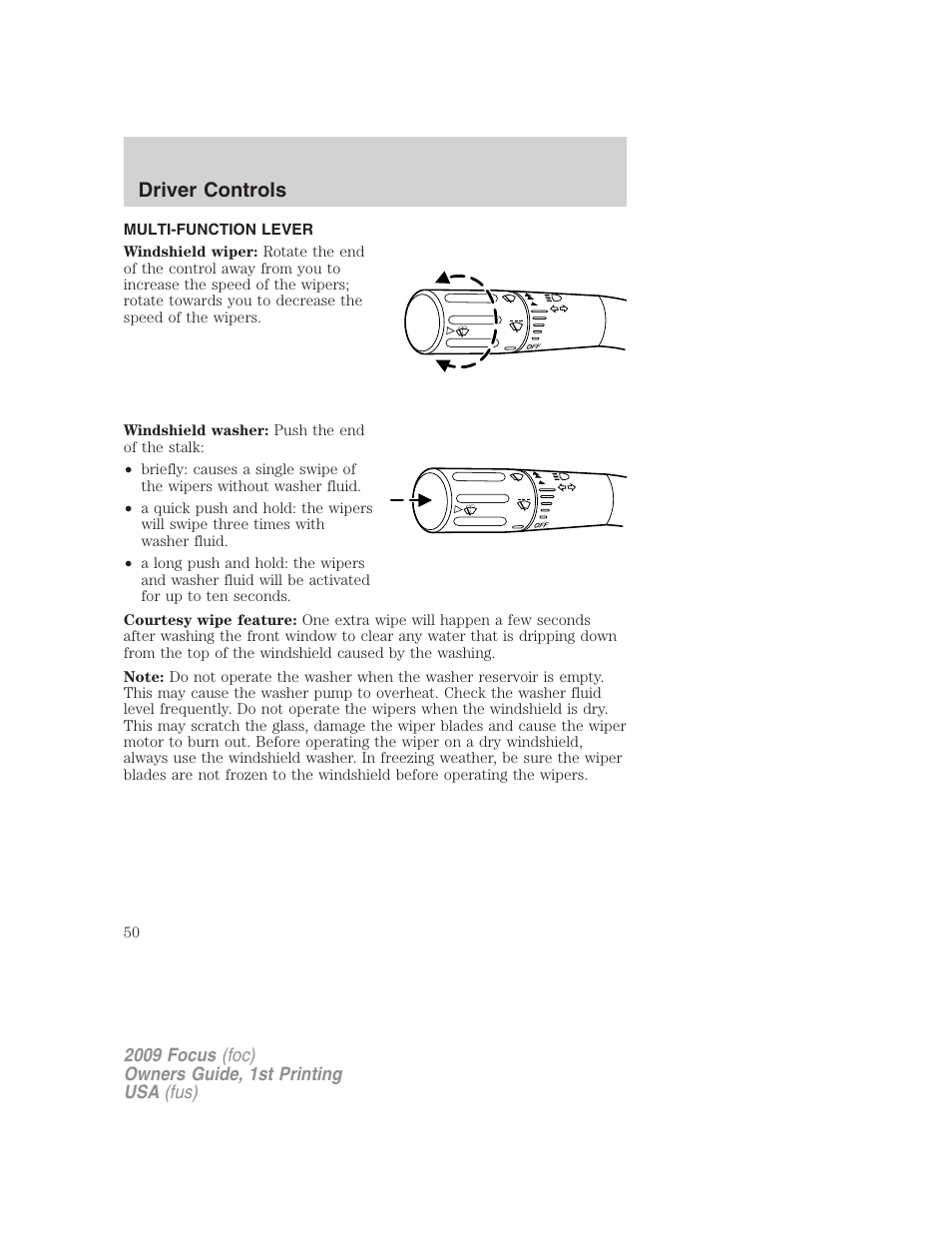 Driver controls, Multi-function lever, Windshield wiper/washer control | FORD 2009 Focus v.1 User Manual | Page 50 / 276