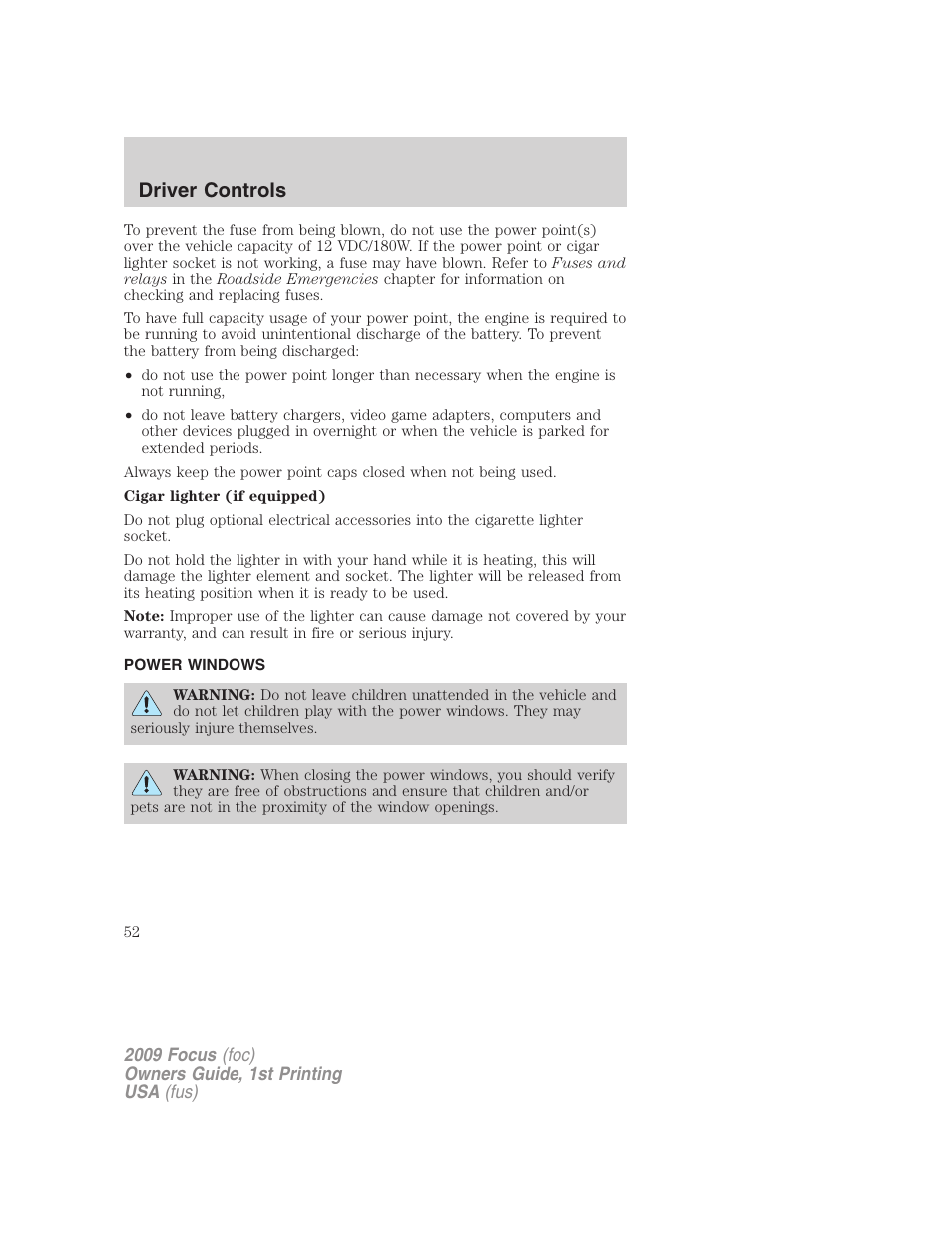 Power windows, Driver controls | FORD 2009 Focus v.1 User Manual | Page 52 / 276