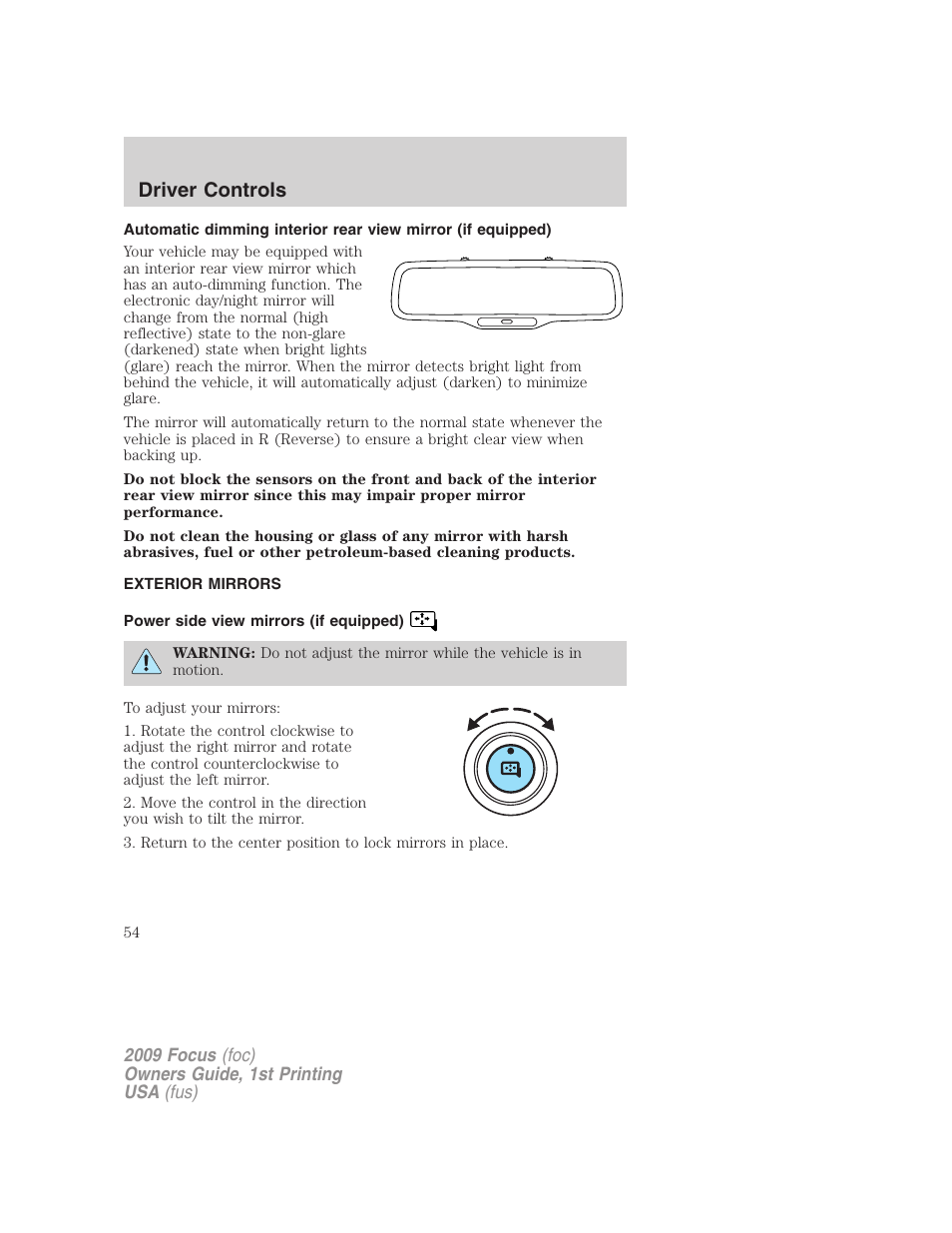 Exterior mirrors, Power side view mirrors (if equipped), Driver controls | FORD 2009 Focus v.1 User Manual | Page 54 / 276
