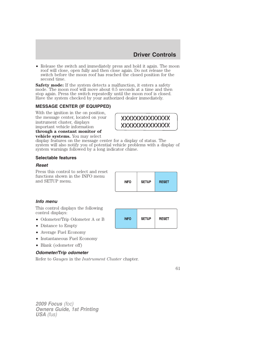 Message center (if equipped), Selectable features, Reset | Info menu, Odometer/trip odometer, Message center, Driver controls | FORD 2009 Focus v.1 User Manual | Page 61 / 276