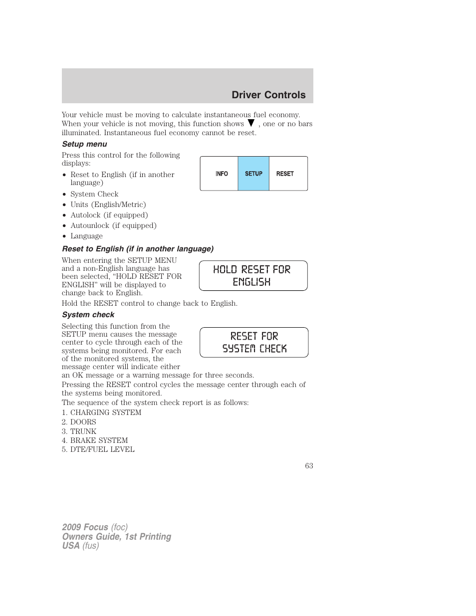 Setup menu, Reset to english (if in another language), System check | Driver controls | FORD 2009 Focus v.1 User Manual | Page 63 / 276