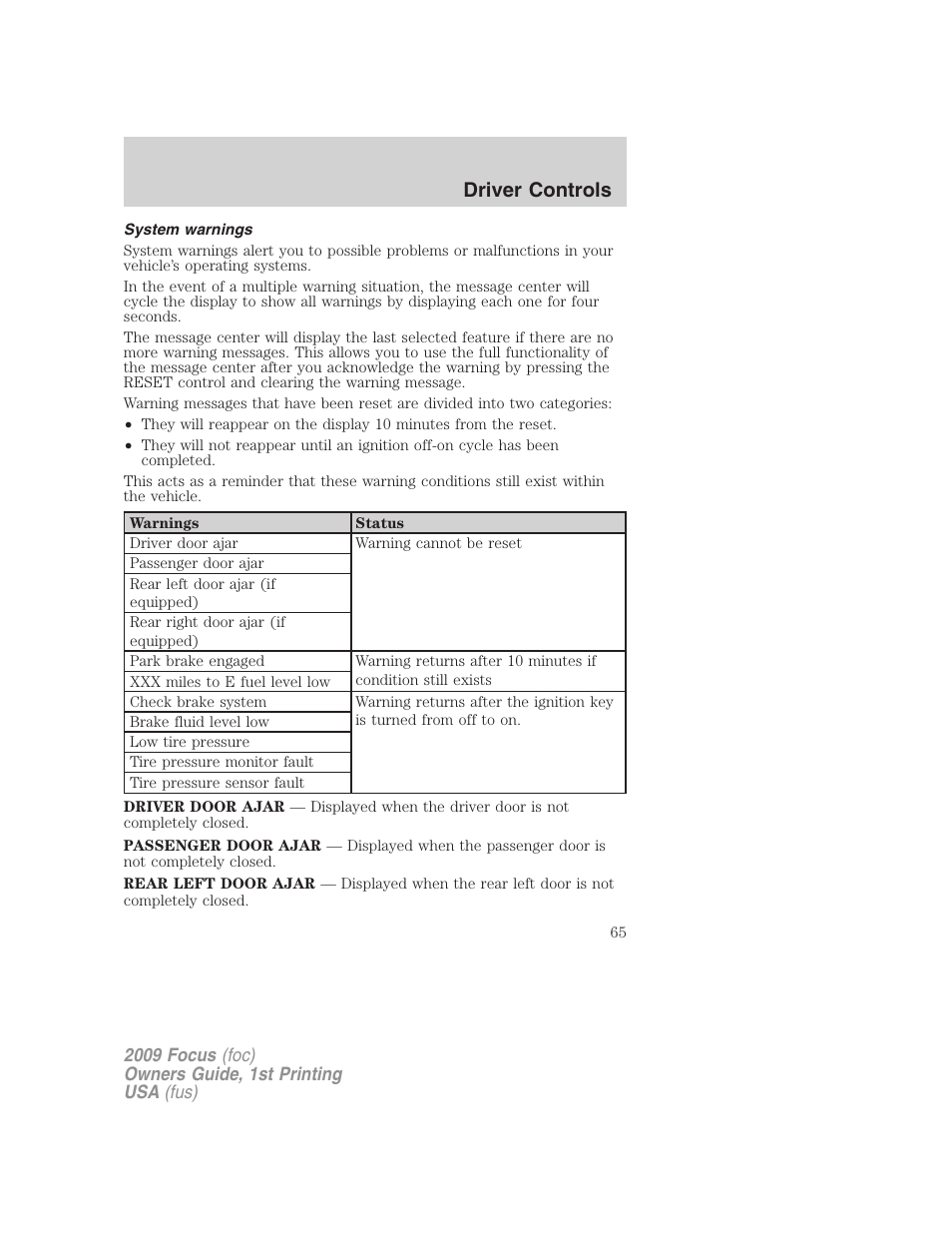 System warnings, Driver controls | FORD 2009 Focus v.1 User Manual | Page 65 / 276