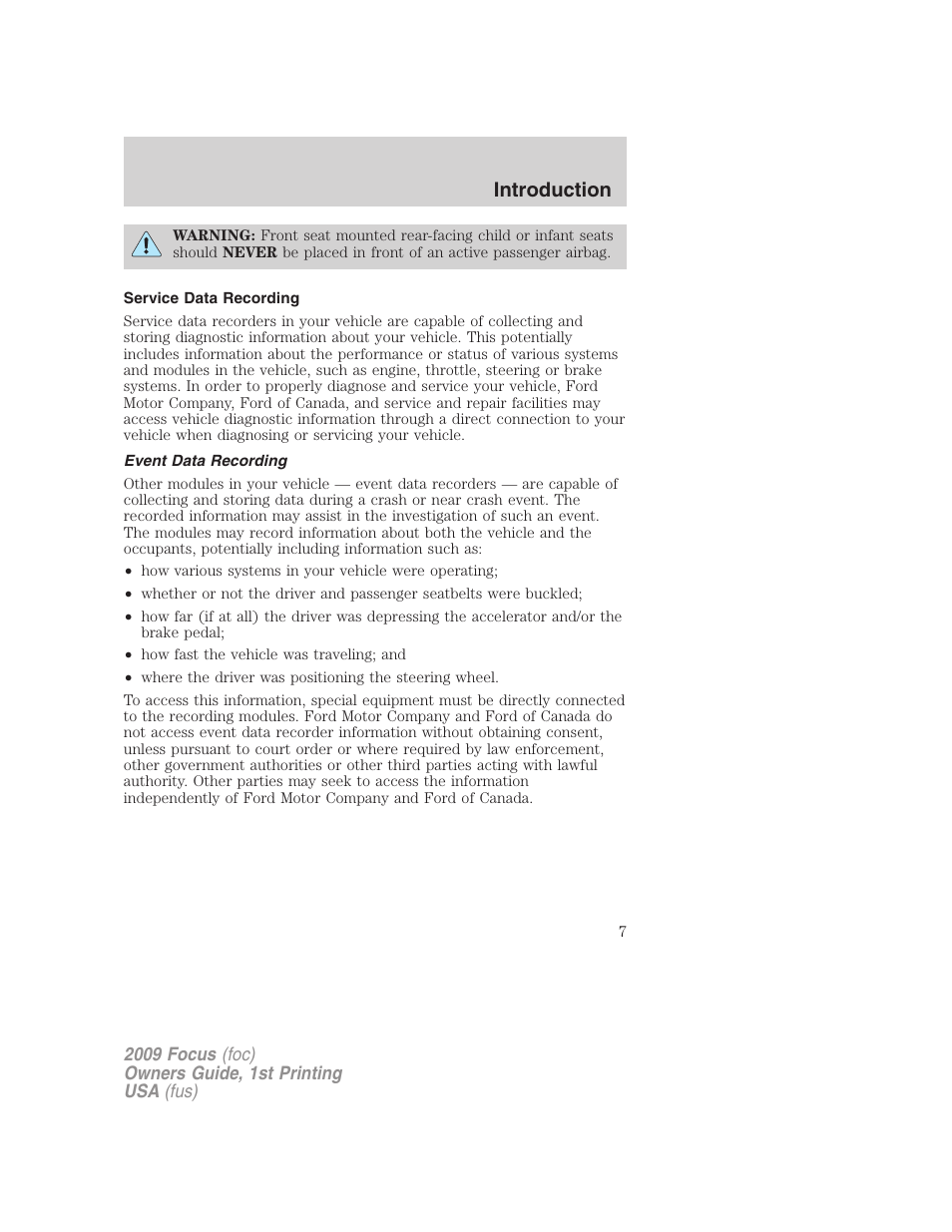 Service data recording, Event data recording, Introduction | FORD 2009 Focus v.1 User Manual | Page 7 / 276