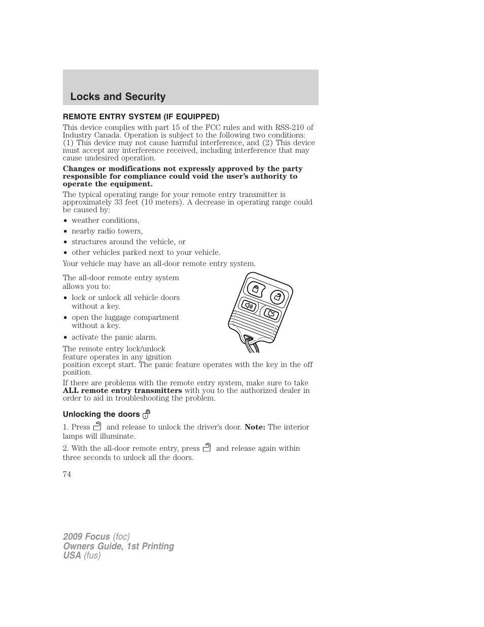 Remote entry system (if equipped), Unlocking the doors, Locks and security | FORD 2009 Focus v.1 User Manual | Page 74 / 276