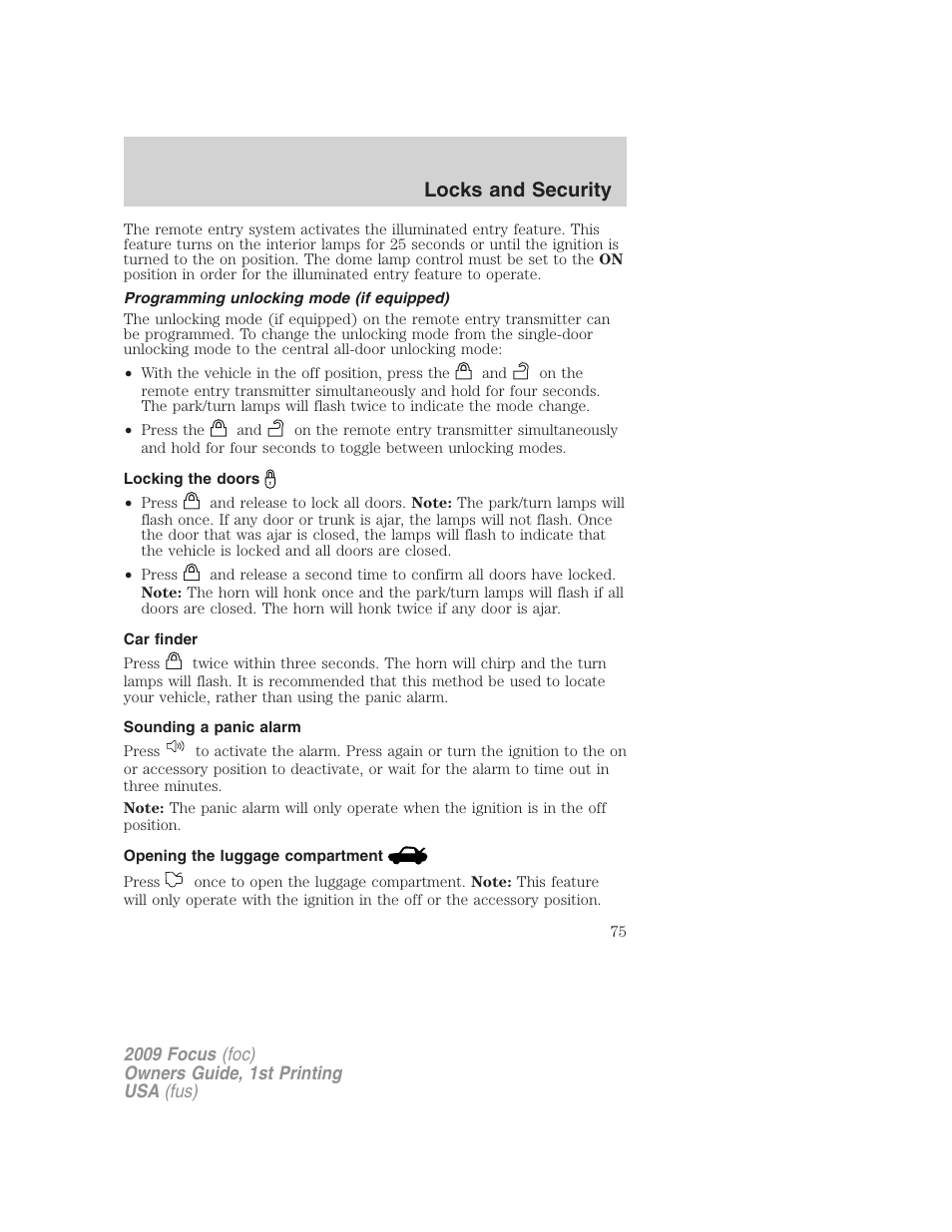 Programming unlocking mode (if equipped), Locking the doors, Car finder | Sounding a panic alarm, Opening the luggage compartment, Locks and security | FORD 2009 Focus v.1 User Manual | Page 75 / 276