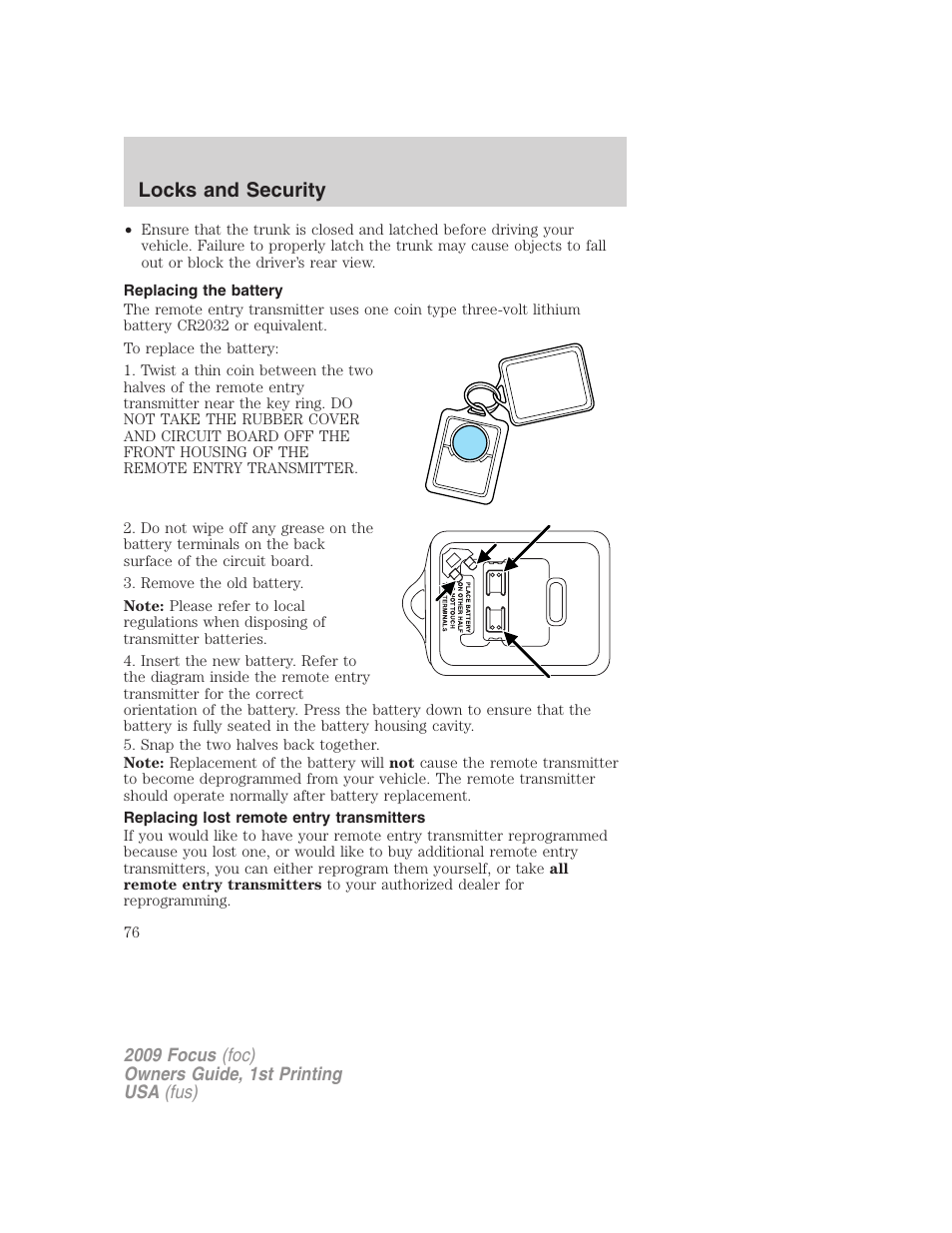 Replacing the battery, Replacing lost remote entry transmitters, Locks and security | FORD 2009 Focus v.1 User Manual | Page 76 / 276