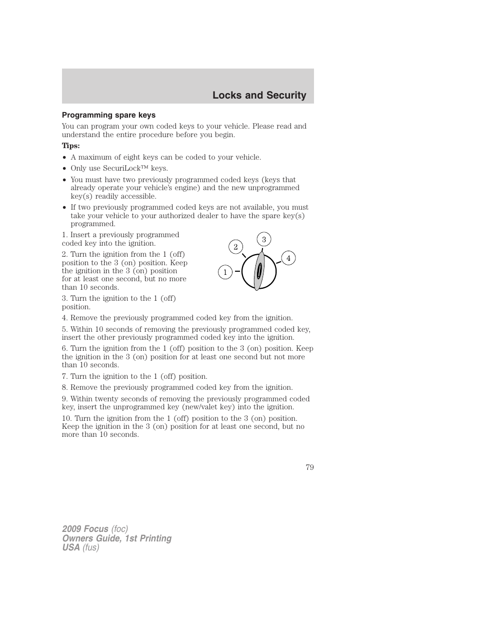 Programming spare keys, Locks and security | FORD 2009 Focus v.1 User Manual | Page 79 / 276