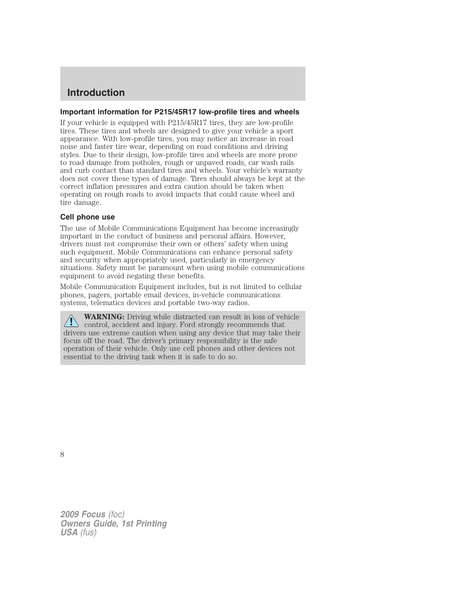 Cell phone use, Introduction | FORD 2009 Focus v.1 User Manual | Page 8 / 276