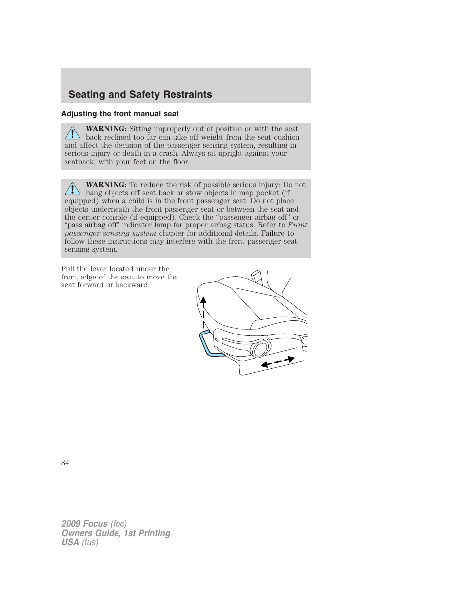 Adjusting the front manual seat, Seating and safety restraints | FORD 2009 Focus v.1 User Manual | Page 84 / 276