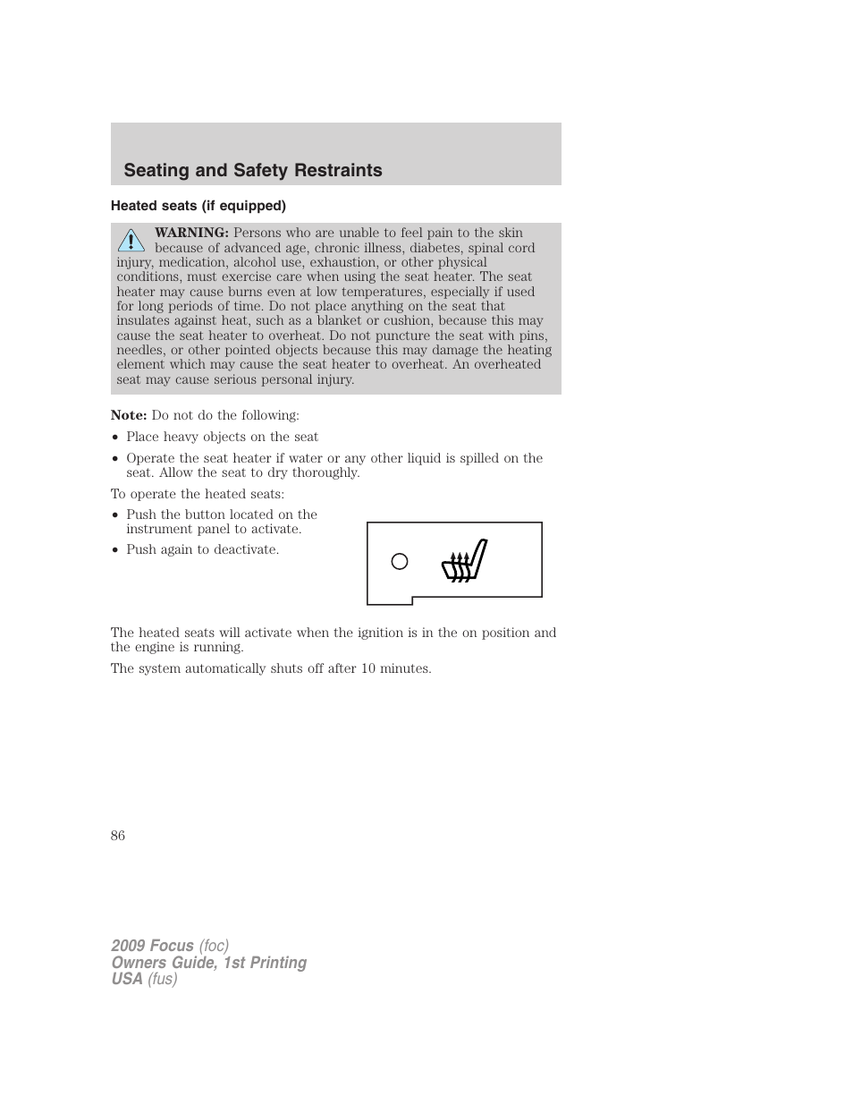 Heated seats (if equipped), Seating and safety restraints | FORD 2009 Focus v.1 User Manual | Page 86 / 276