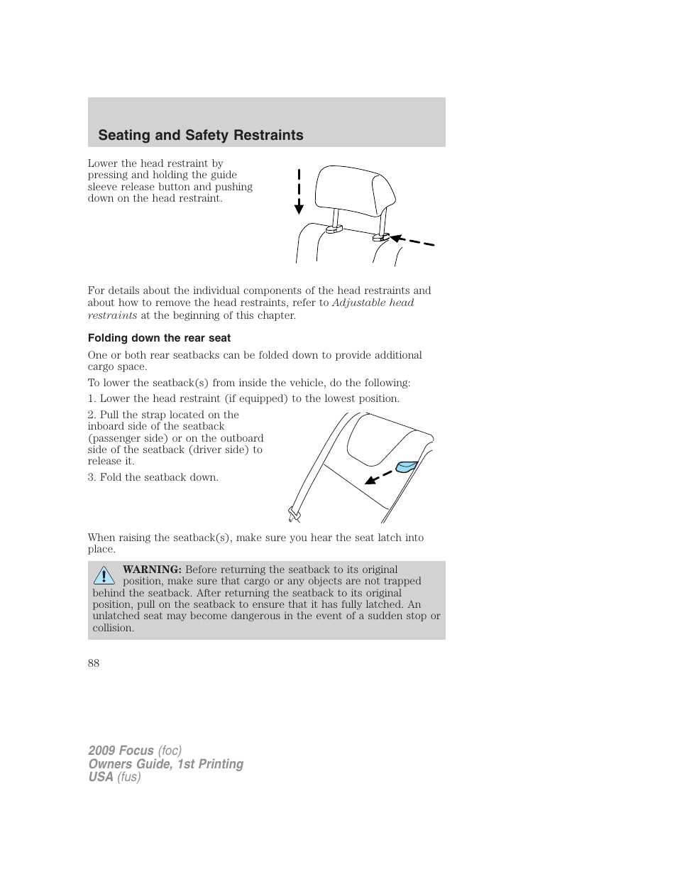 Folding down the rear seat, Seating and safety restraints | FORD 2009 Focus v.1 User Manual | Page 88 / 276