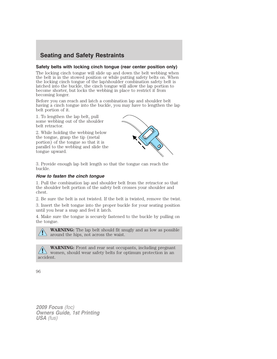 How to fasten the cinch tongue, Seating and safety restraints | FORD 2009 Focus v.1 User Manual | Page 96 / 276