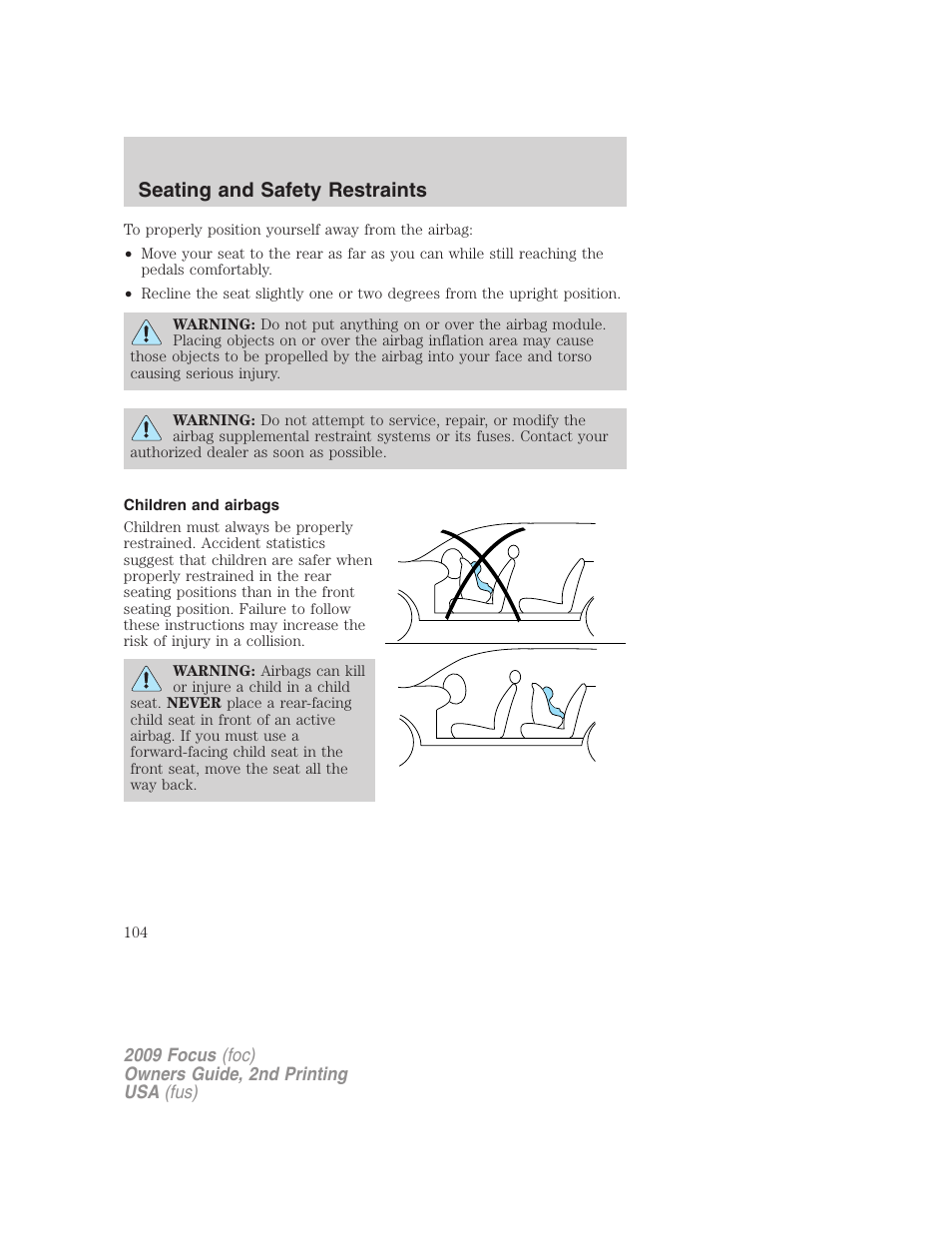 Children and airbags, Seating and safety restraints | FORD 2009 Focus v.2 User Manual | Page 104 / 265