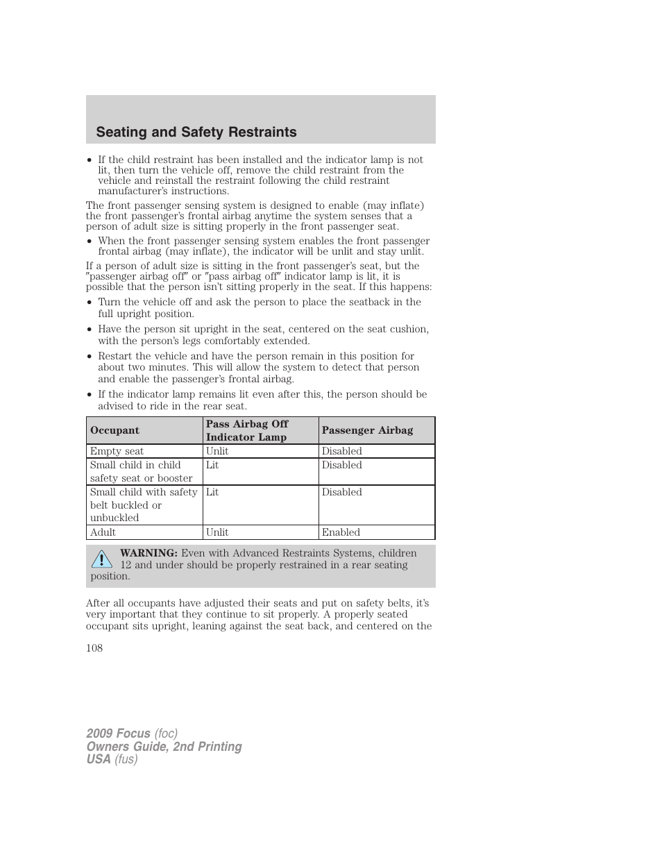 Seating and safety restraints | FORD 2009 Focus v.2 User Manual | Page 108 / 265