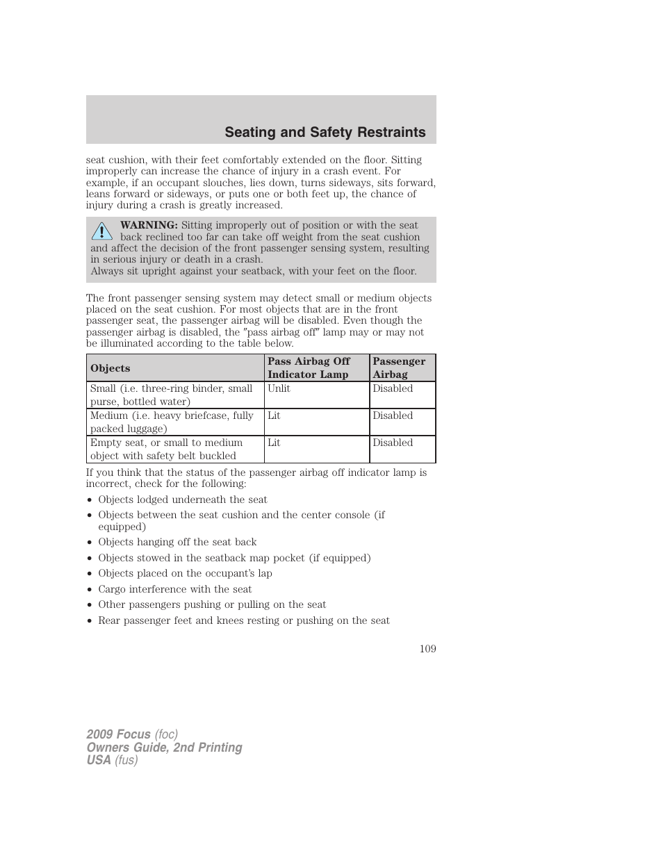 Seating and safety restraints | FORD 2009 Focus v.2 User Manual | Page 109 / 265