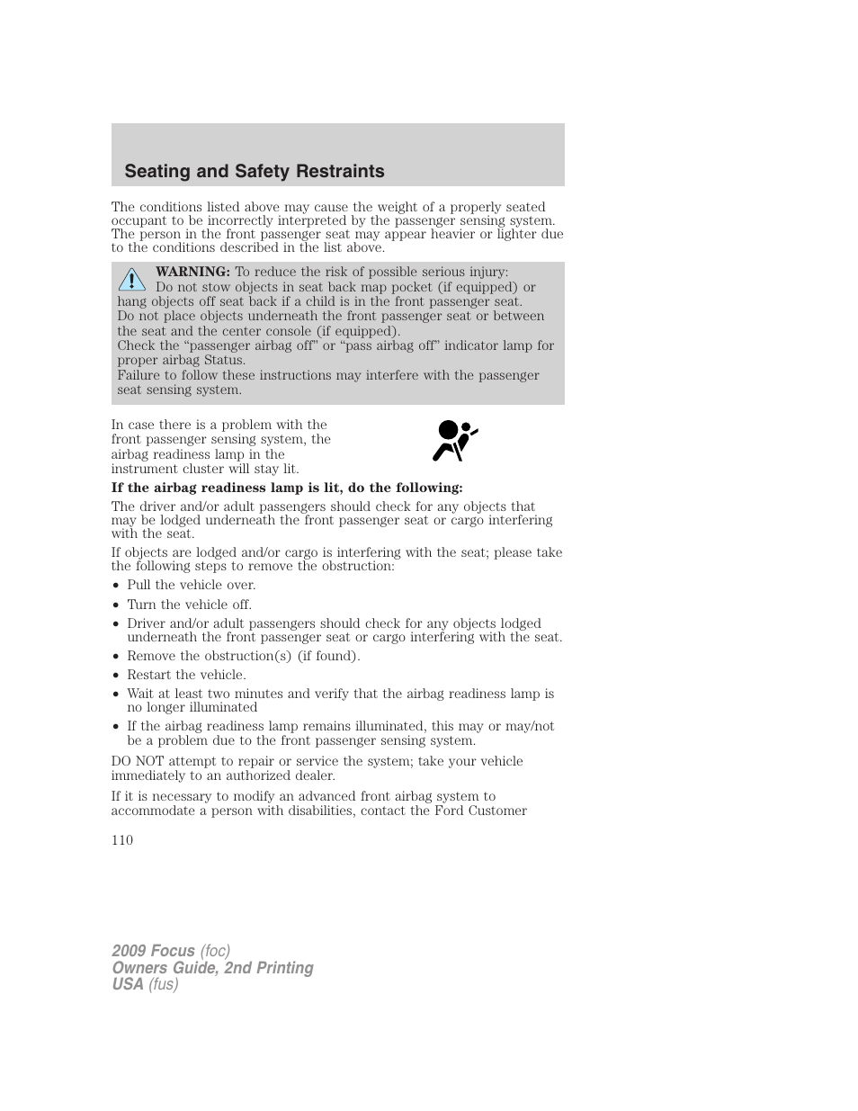 Seating and safety restraints | FORD 2009 Focus v.2 User Manual | Page 110 / 265