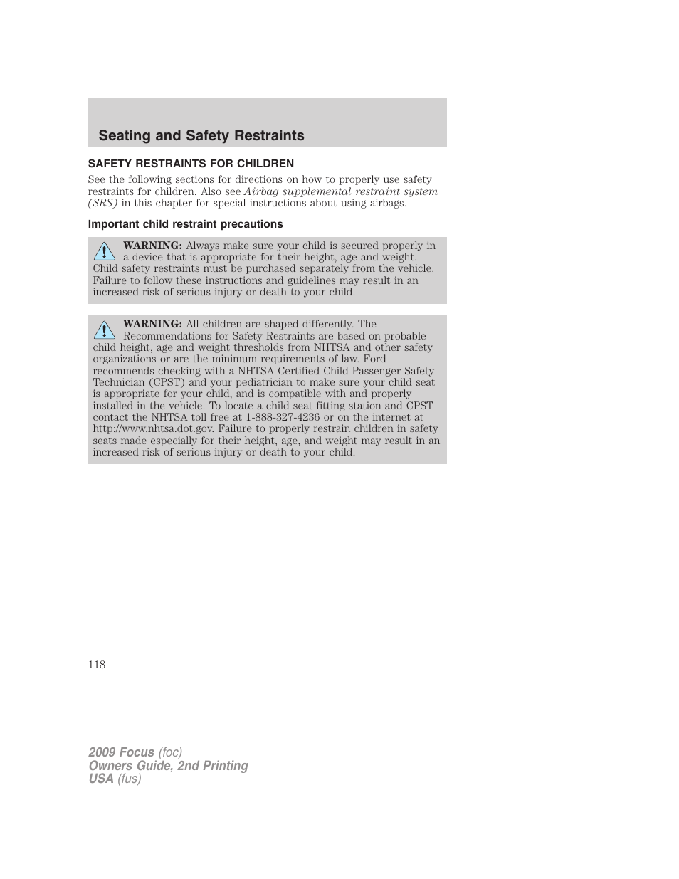 Safety restraints for children, Important child restraint precautions, Child restraints | Seating and safety restraints | FORD 2009 Focus v.2 User Manual | Page 118 / 265