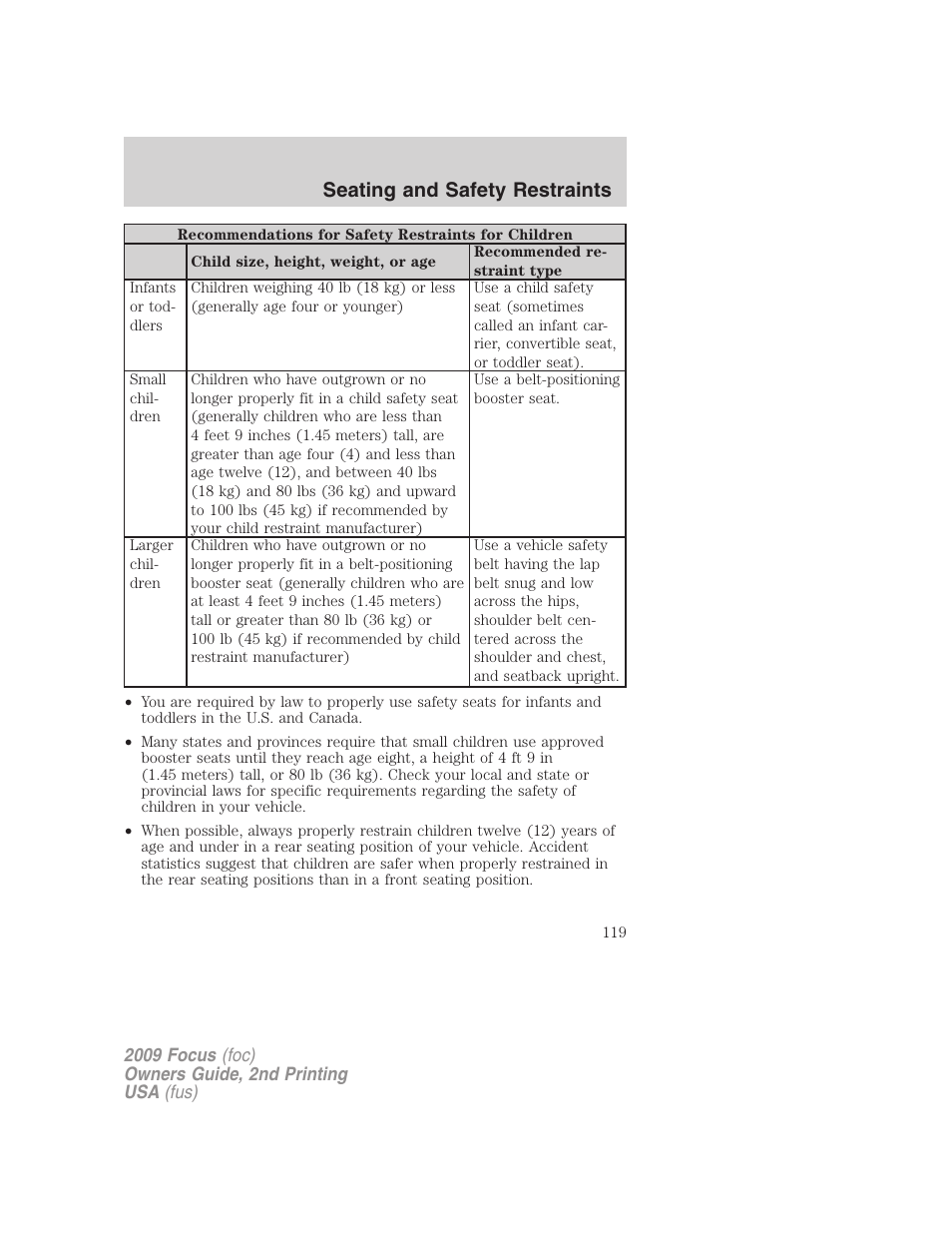 Seating and safety restraints | FORD 2009 Focus v.2 User Manual | Page 119 / 265