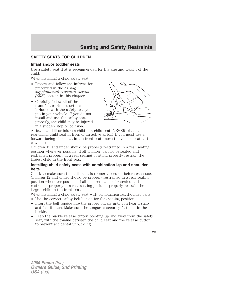 Safety seats for children, Infant and/or toddler seats, Seating and safety restraints | FORD 2009 Focus v.2 User Manual | Page 123 / 265