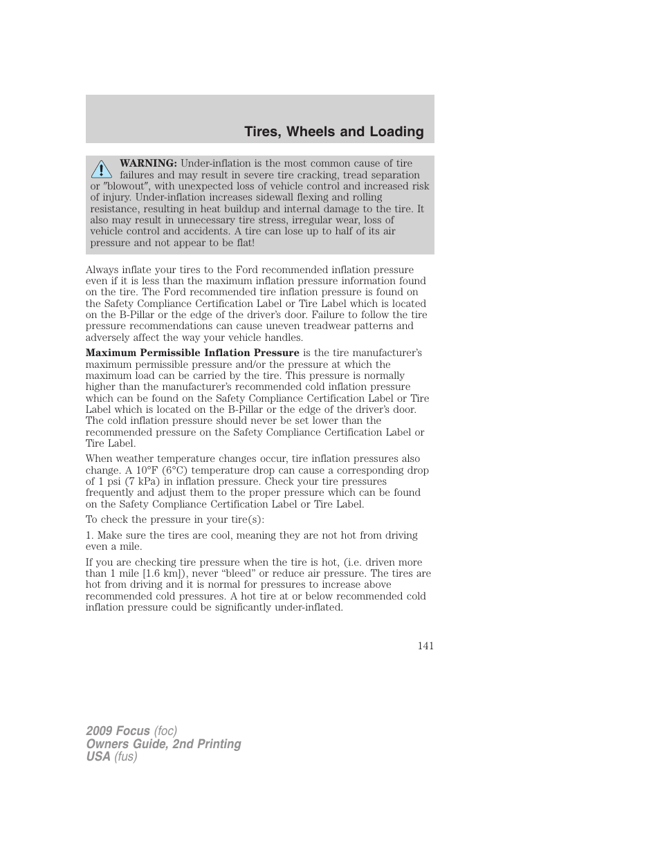 Tires, wheels and loading | FORD 2009 Focus v.2 User Manual | Page 141 / 265