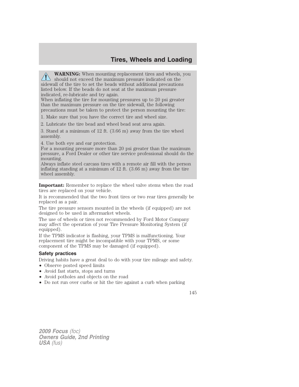 Safety practices, Tires, wheels and loading | FORD 2009 Focus v.2 User Manual | Page 145 / 265