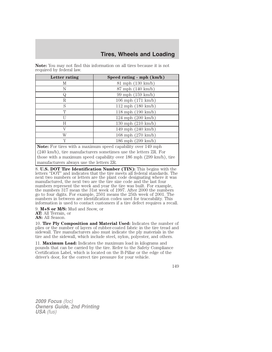 Tires, wheels and loading | FORD 2009 Focus v.2 User Manual | Page 149 / 265