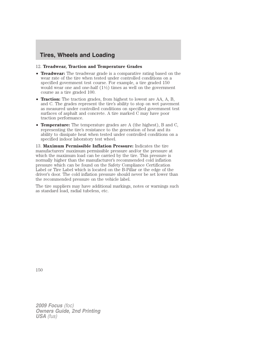 Tires, wheels and loading | FORD 2009 Focus v.2 User Manual | Page 150 / 265