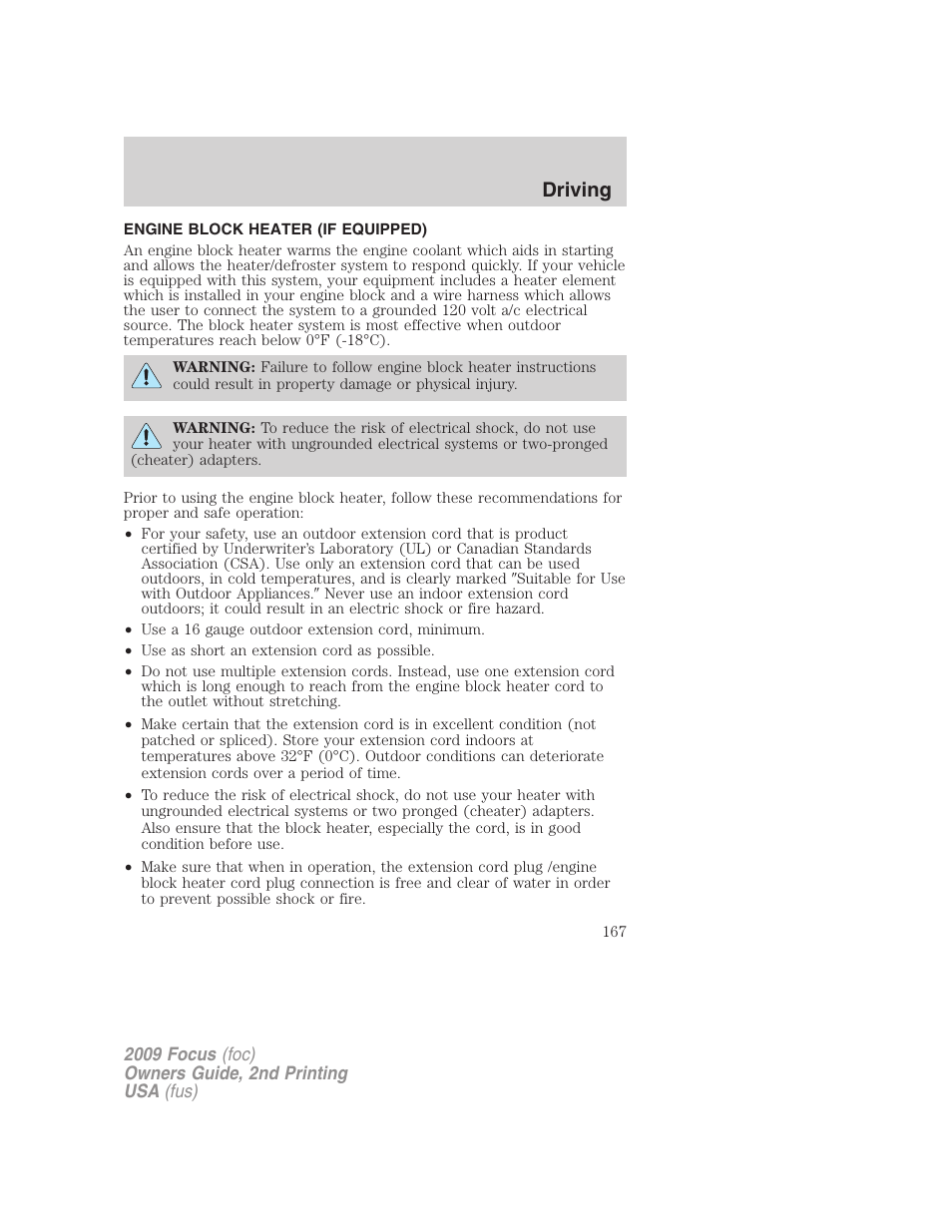 Engine block heater (if equipped), Driving | FORD 2009 Focus v.2 User Manual | Page 167 / 265