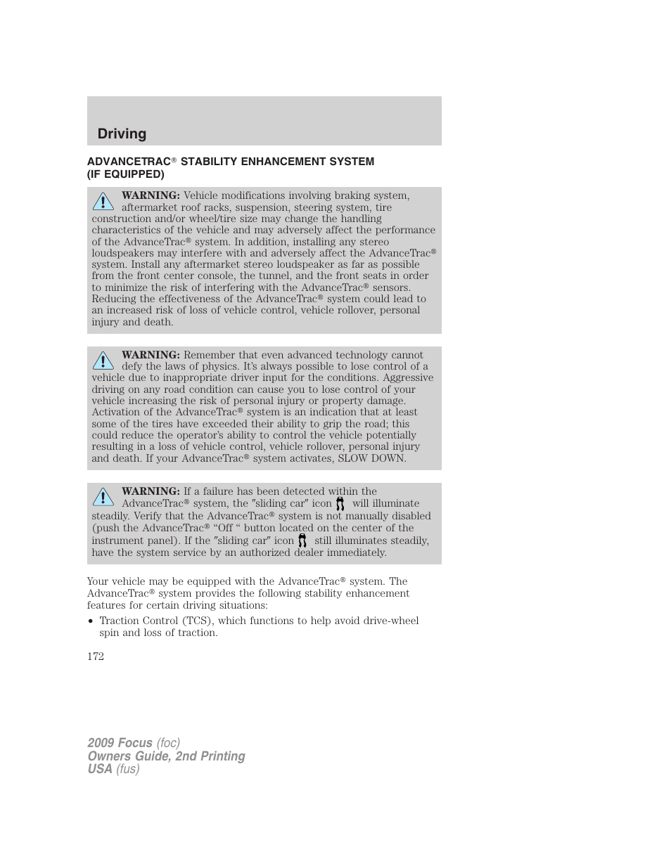 Advancetrac, Driving | FORD 2009 Focus v.2 User Manual | Page 172 / 265