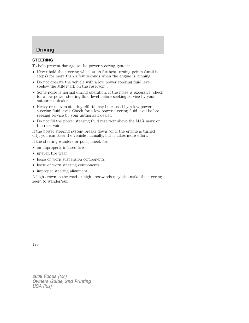 Steering, Driving | FORD 2009 Focus v.2 User Manual | Page 176 / 265
