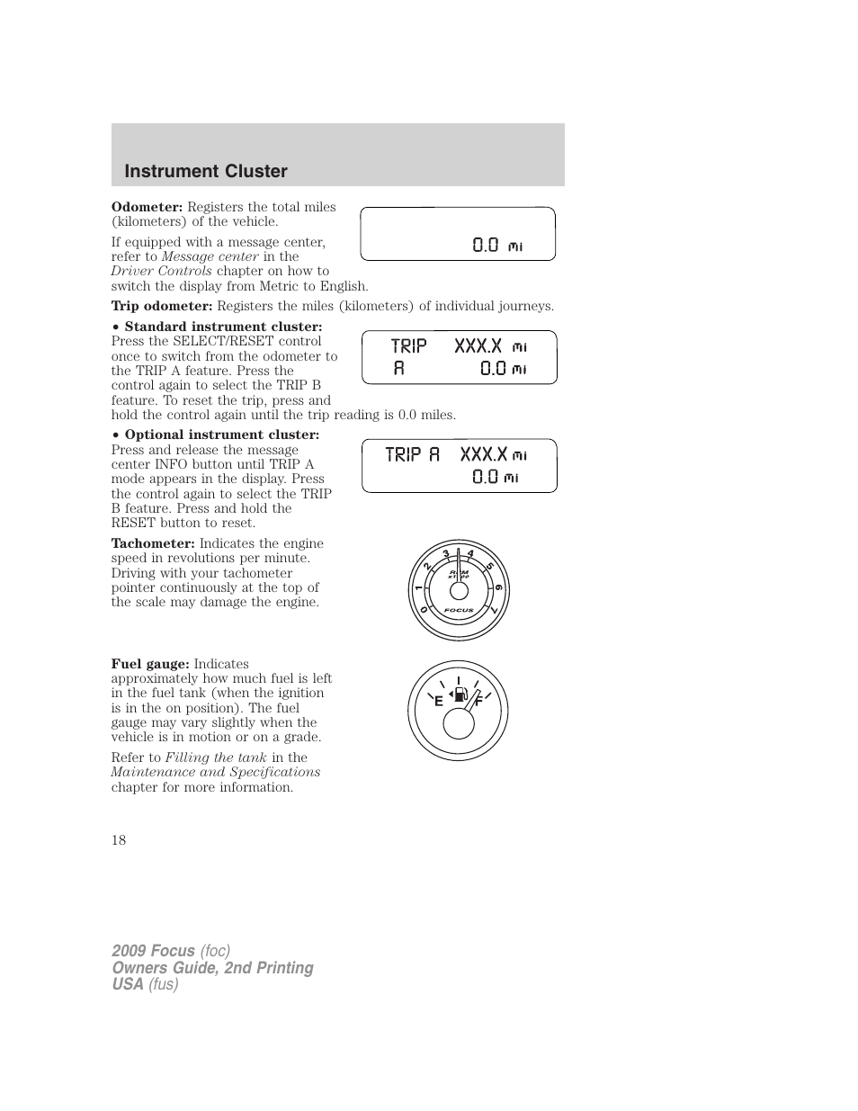 Instrument cluster | FORD 2009 Focus v.2 User Manual | Page 18 / 265