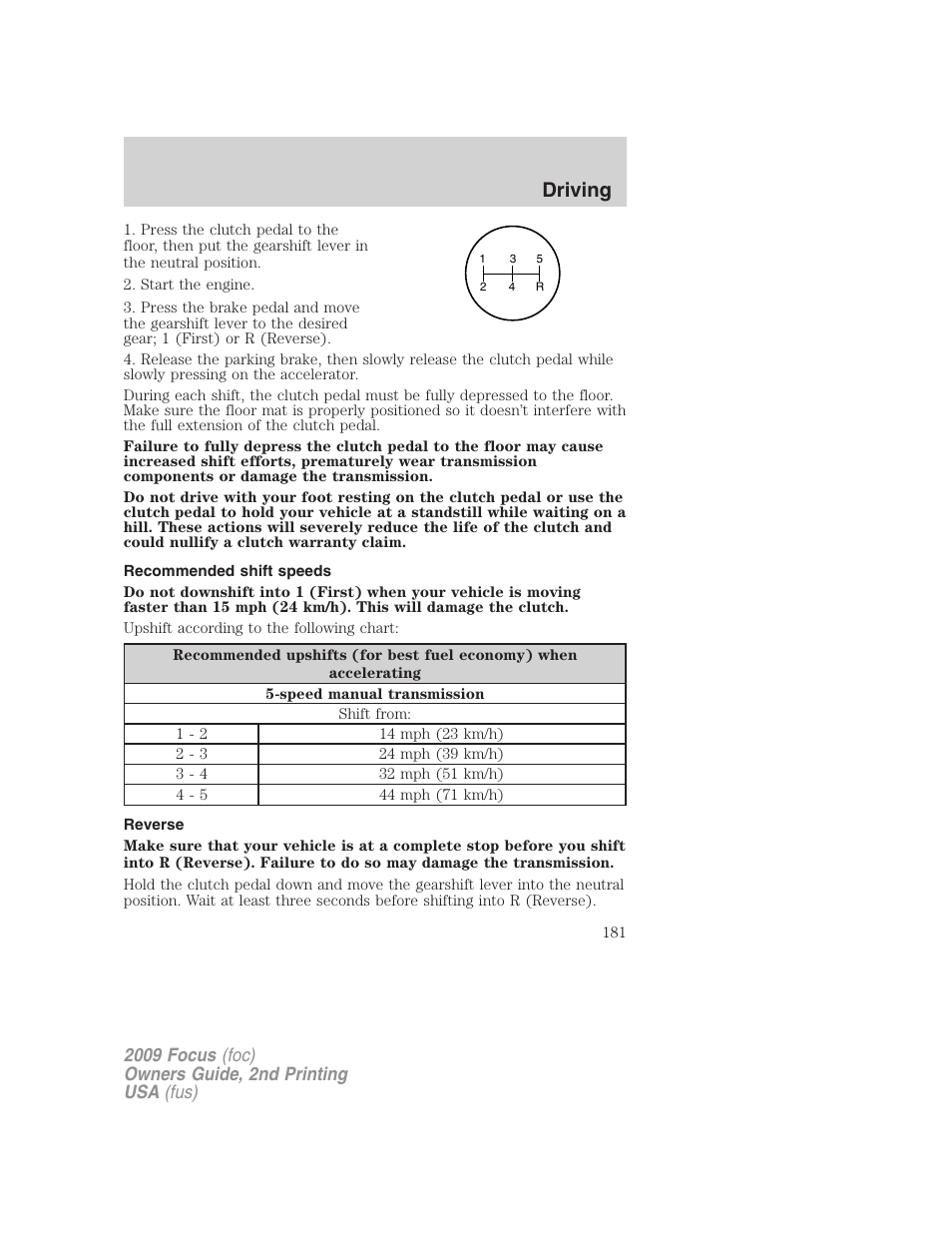 Recommended shift speeds, Reverse, Driving | FORD 2009 Focus v.2 User Manual | Page 181 / 265