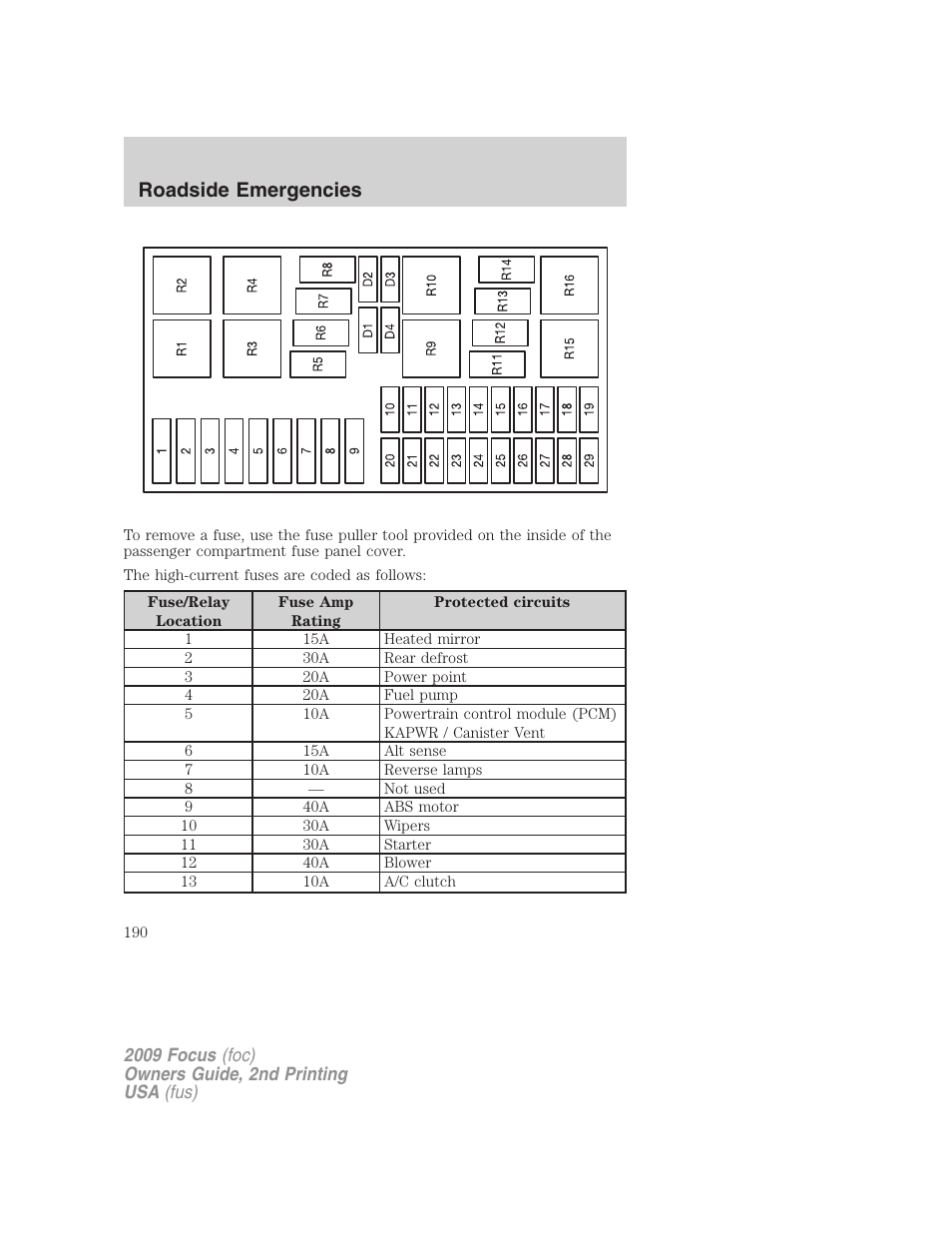 Roadside emergencies | FORD 2009 Focus v.2 User Manual | Page 190 / 265