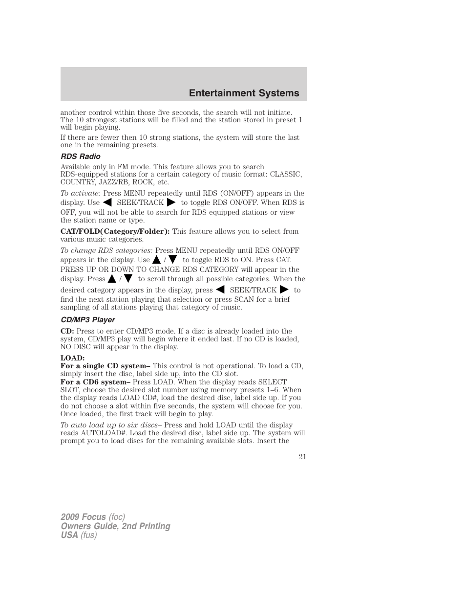 Rds radio, Cd/mp3 player, Entertainment systems | FORD 2009 Focus v.2 User Manual | Page 21 / 265