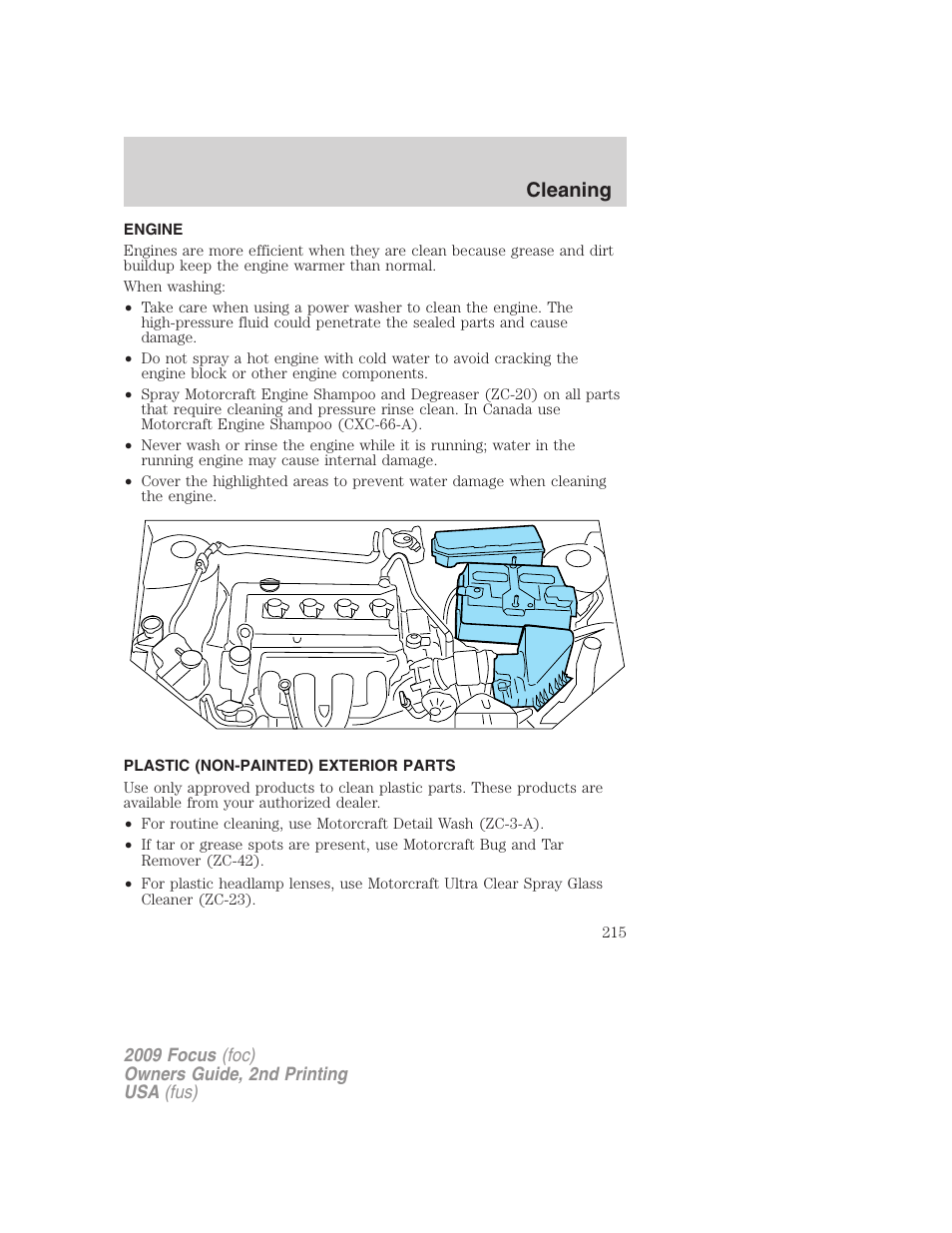 Engine, Plastic (non-painted) exterior parts, Cleaning | FORD 2009 Focus v.2 User Manual | Page 215 / 265