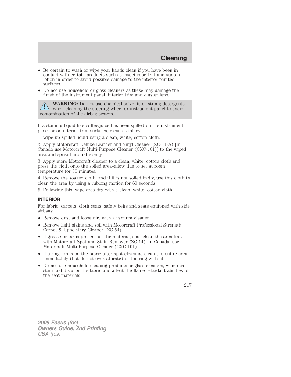 Interior, Cleaning | FORD 2009 Focus v.2 User Manual | Page 217 / 265