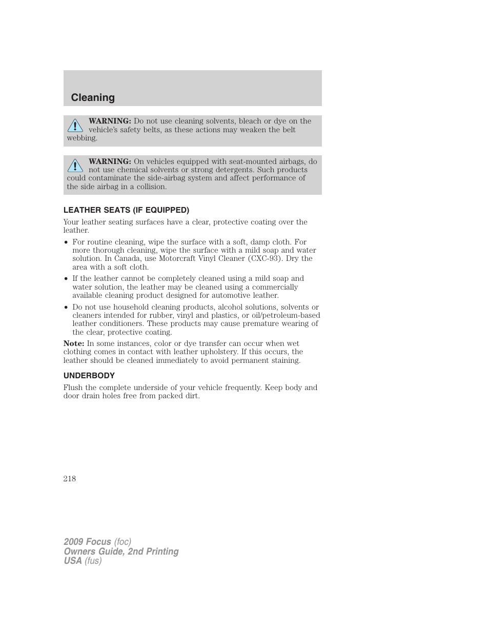 Leather seats (if equipped), Underbody, Cleaning | FORD 2009 Focus v.2 User Manual | Page 218 / 265