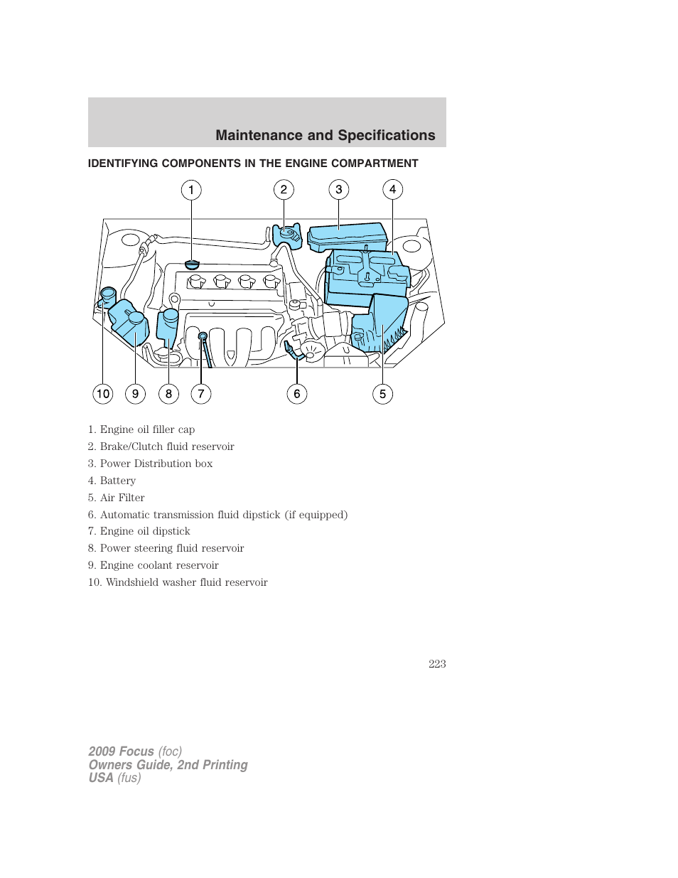 Identifying components in the engine compartment, Engine compartment, Maintenance and specifications | FORD 2009 Focus v.2 User Manual | Page 223 / 265
