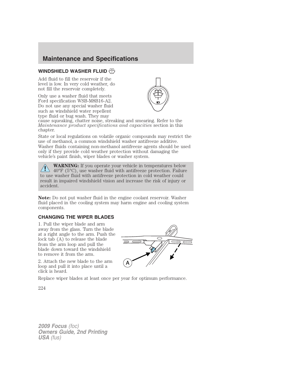 Windshield washer fluid, Changing the wiper blades, Maintenance and specifications | FORD 2009 Focus v.2 User Manual | Page 224 / 265