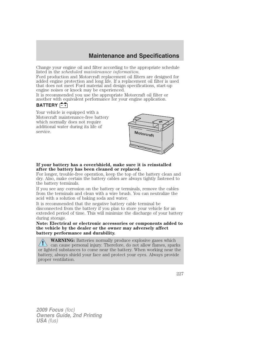 Battery, Maintenance and specifications | FORD 2009 Focus v.2 User Manual | Page 227 / 265