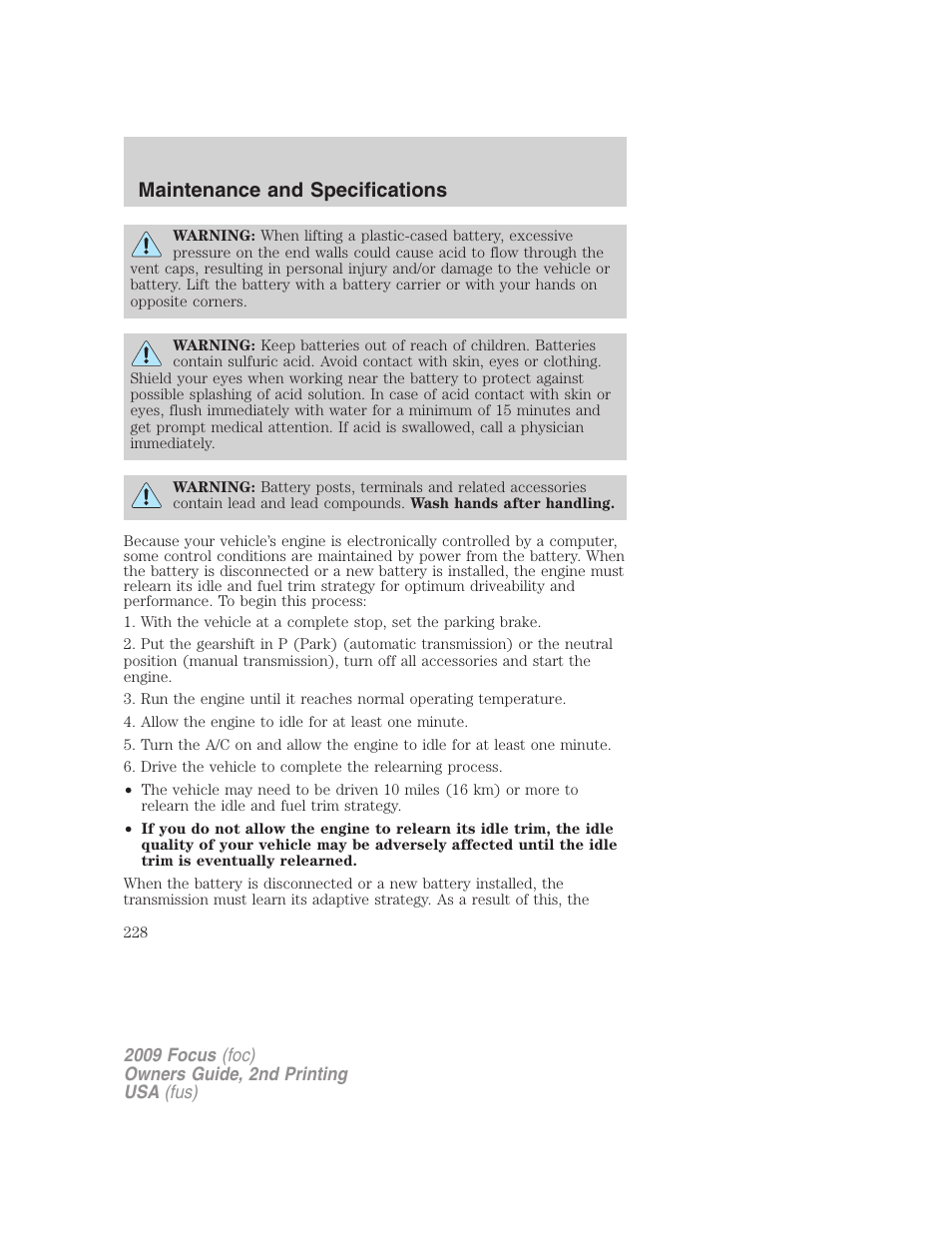 Maintenance and specifications | FORD 2009 Focus v.2 User Manual | Page 228 / 265