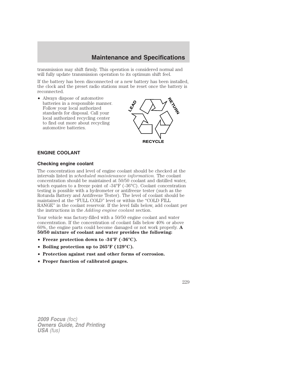 Engine coolant, Checking engine coolant, Maintenance and specifications | FORD 2009 Focus v.2 User Manual | Page 229 / 265