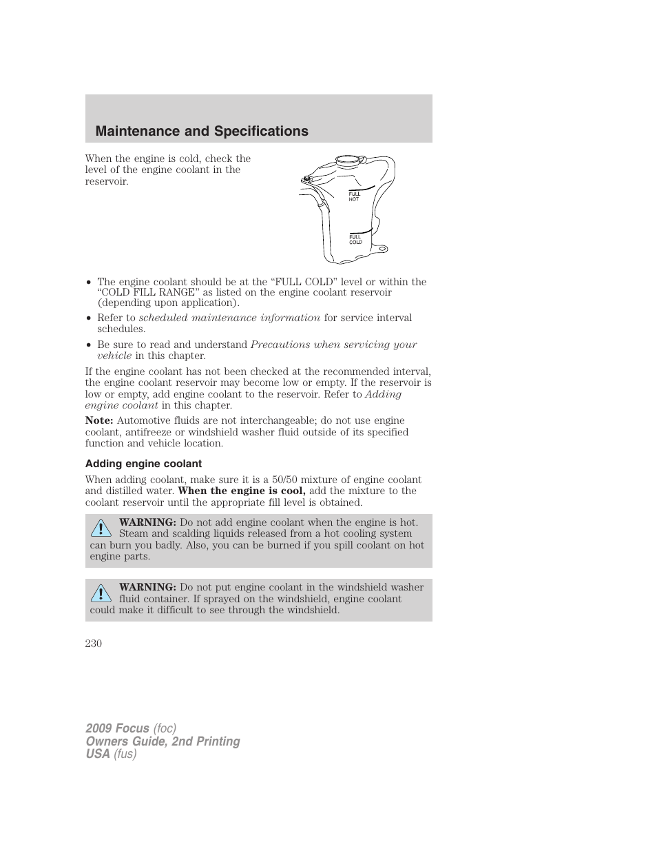 Adding engine coolant, Maintenance and specifications | FORD 2009 Focus v.2 User Manual | Page 230 / 265