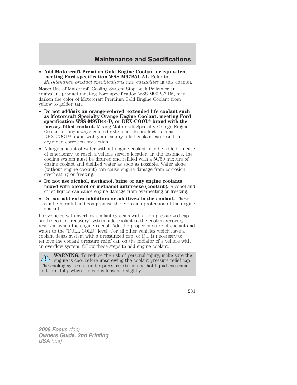 Maintenance and specifications | FORD 2009 Focus v.2 User Manual | Page 231 / 265