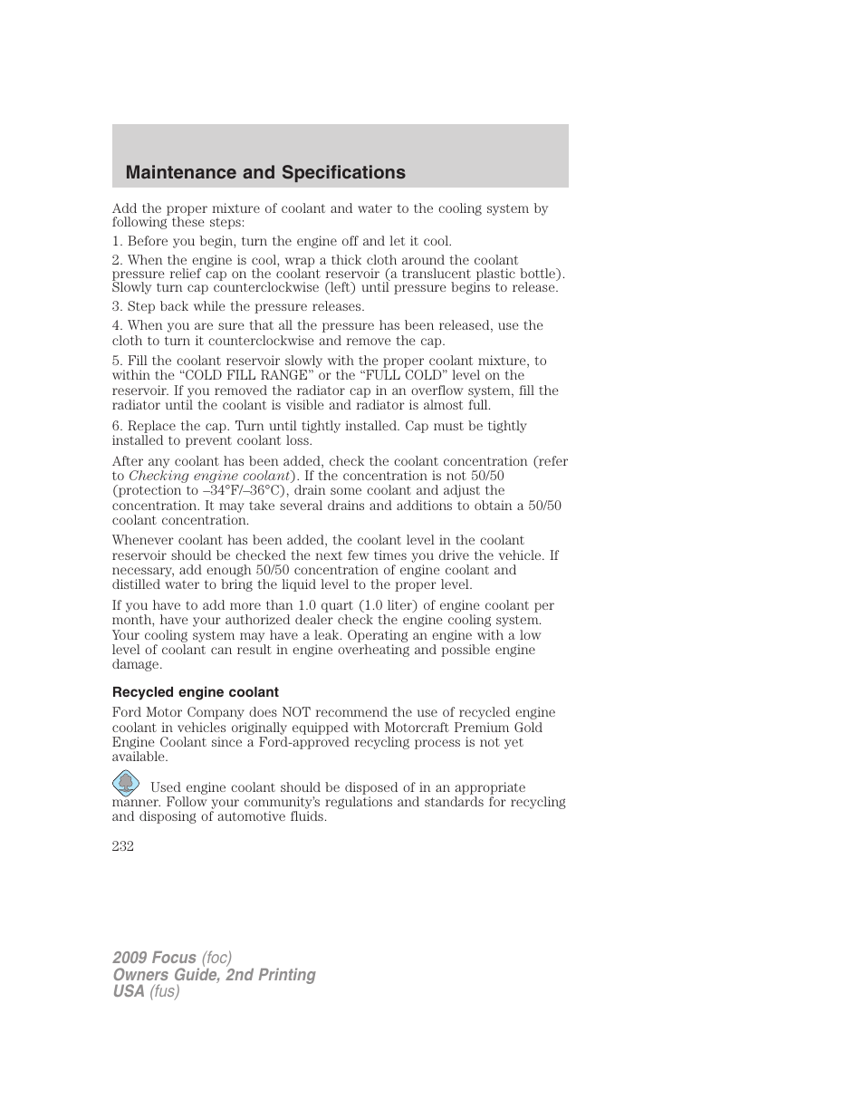 Recycled engine coolant, Maintenance and specifications | FORD 2009 Focus v.2 User Manual | Page 232 / 265