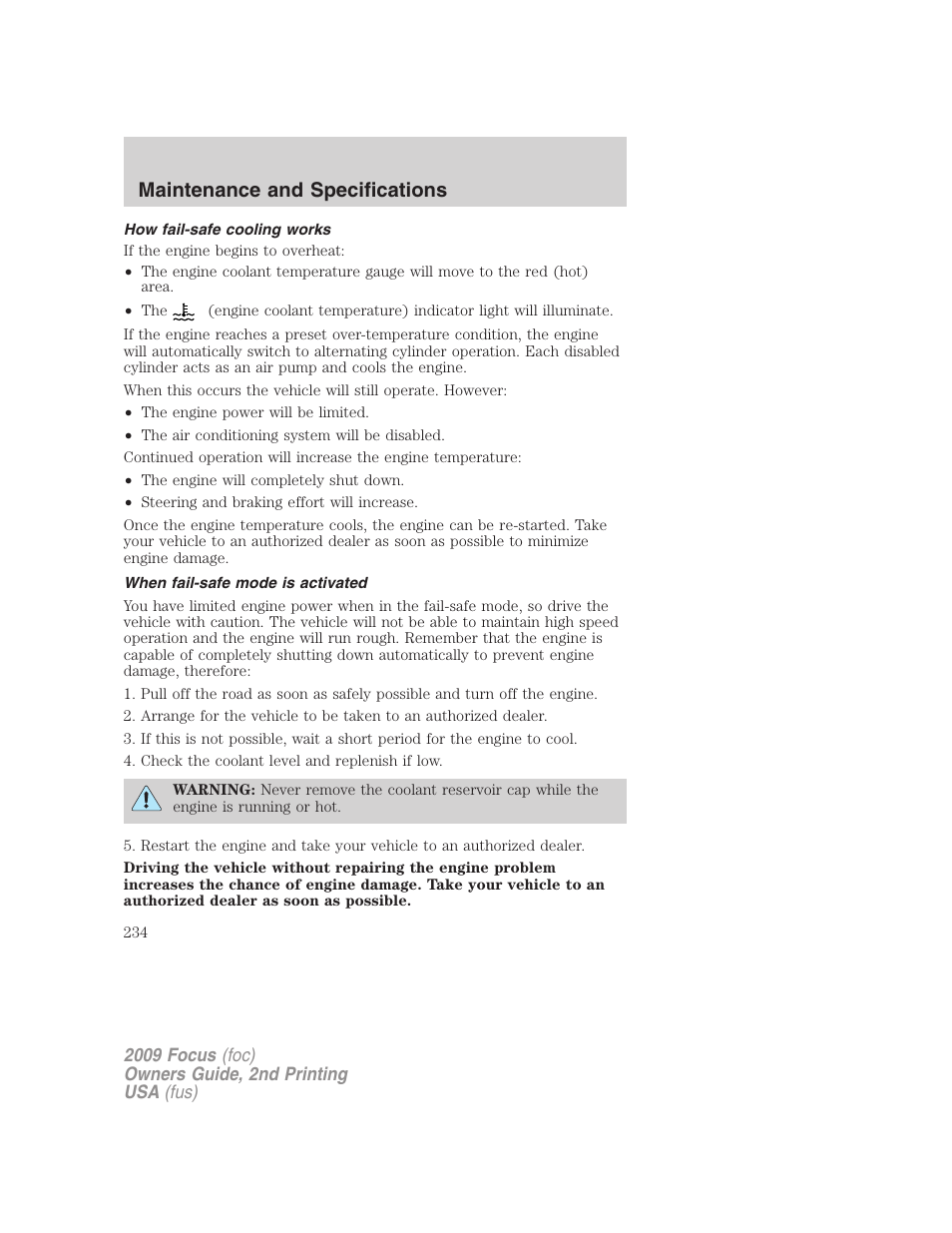 How fail-safe cooling works, When fail-safe mode is activated, Maintenance and specifications | FORD 2009 Focus v.2 User Manual | Page 234 / 265